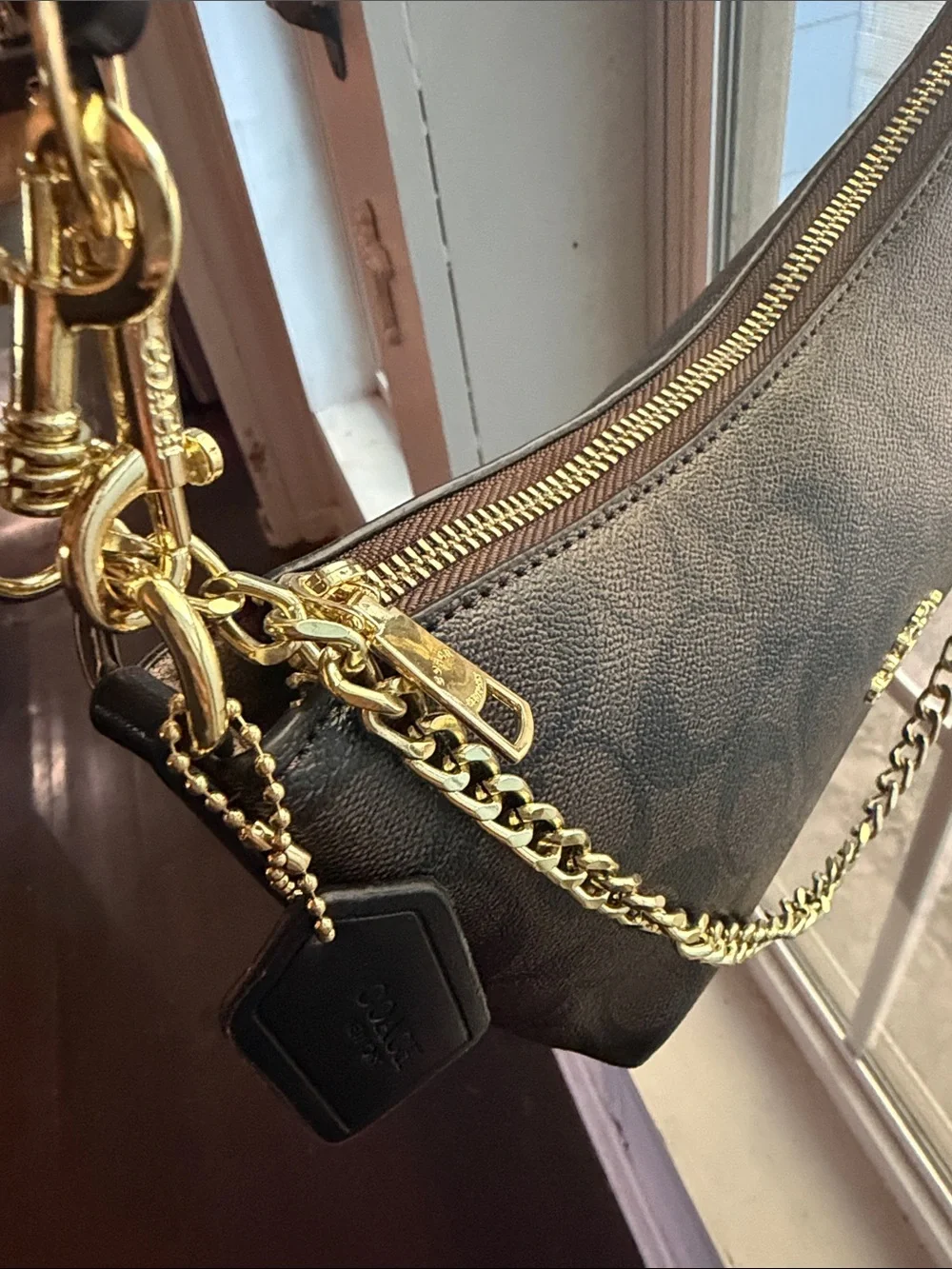 Coach Brown Signature Canvas Shoulder Bag with Gold Hardware